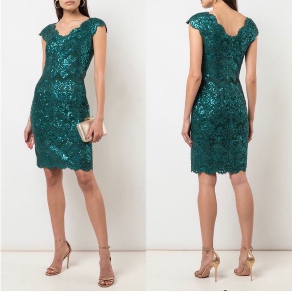TADASHI SHOJI Kannitha Sequin Pine Dress Mini Emerald Green Womens Size 4 - Picture 1 of 12